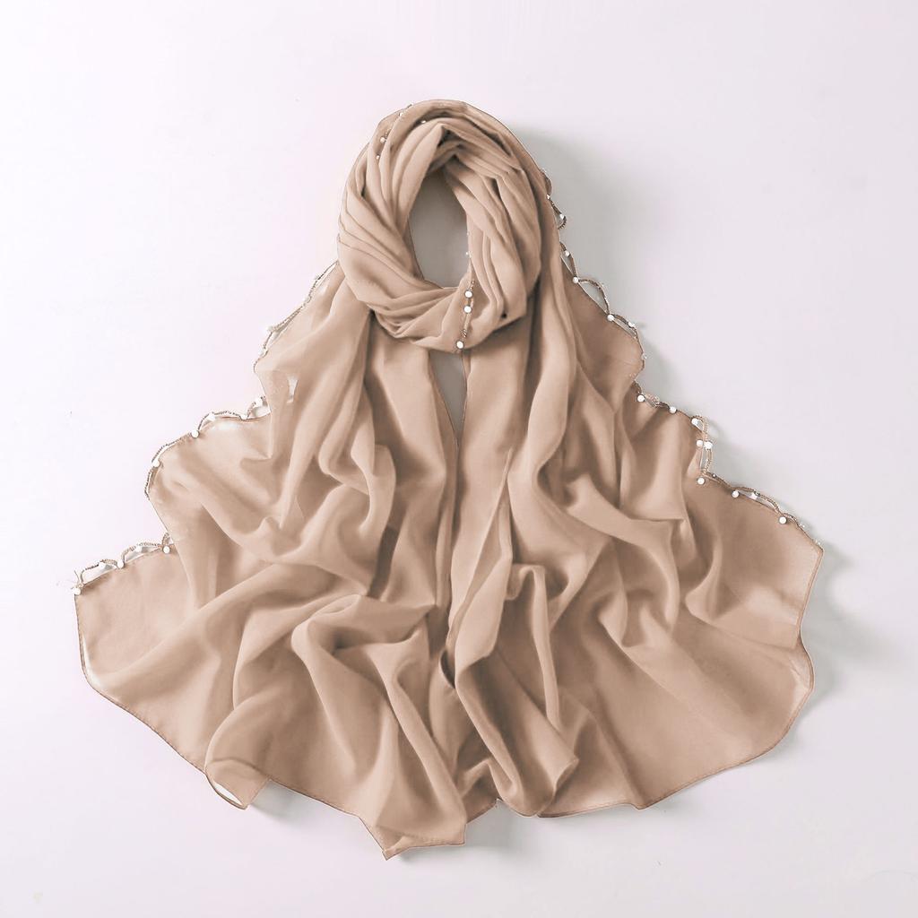 Pearl Edge Chiffon Hijab Scarf Women Muslim Long Shawl Soft Plain Head Wrap Beaded Border Lightweight Islamic Turban