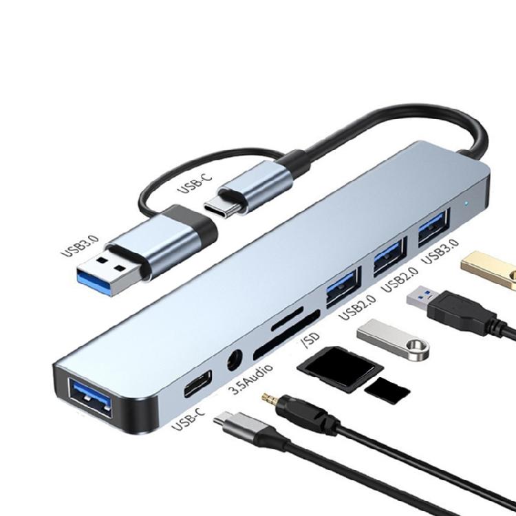 Aluminum 8 In 1 USB C Adapter Hub with 4 USB Port Splitter Adapter Small Card Reader and 3.5 Auditory Port Efficient