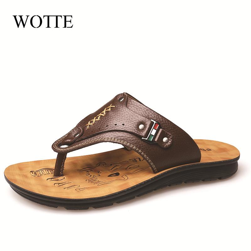 New Men Slippers Summer Flip Flops The First Layer Cow Leather Flat Heel Casual Mulers Clogs Beach Shoes High Quality Sandals