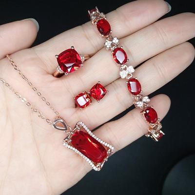 2026 Ruby Set Rose Gold Premium Red Diamond Stud Earrings Necklace Ring Women's New Year's Gift