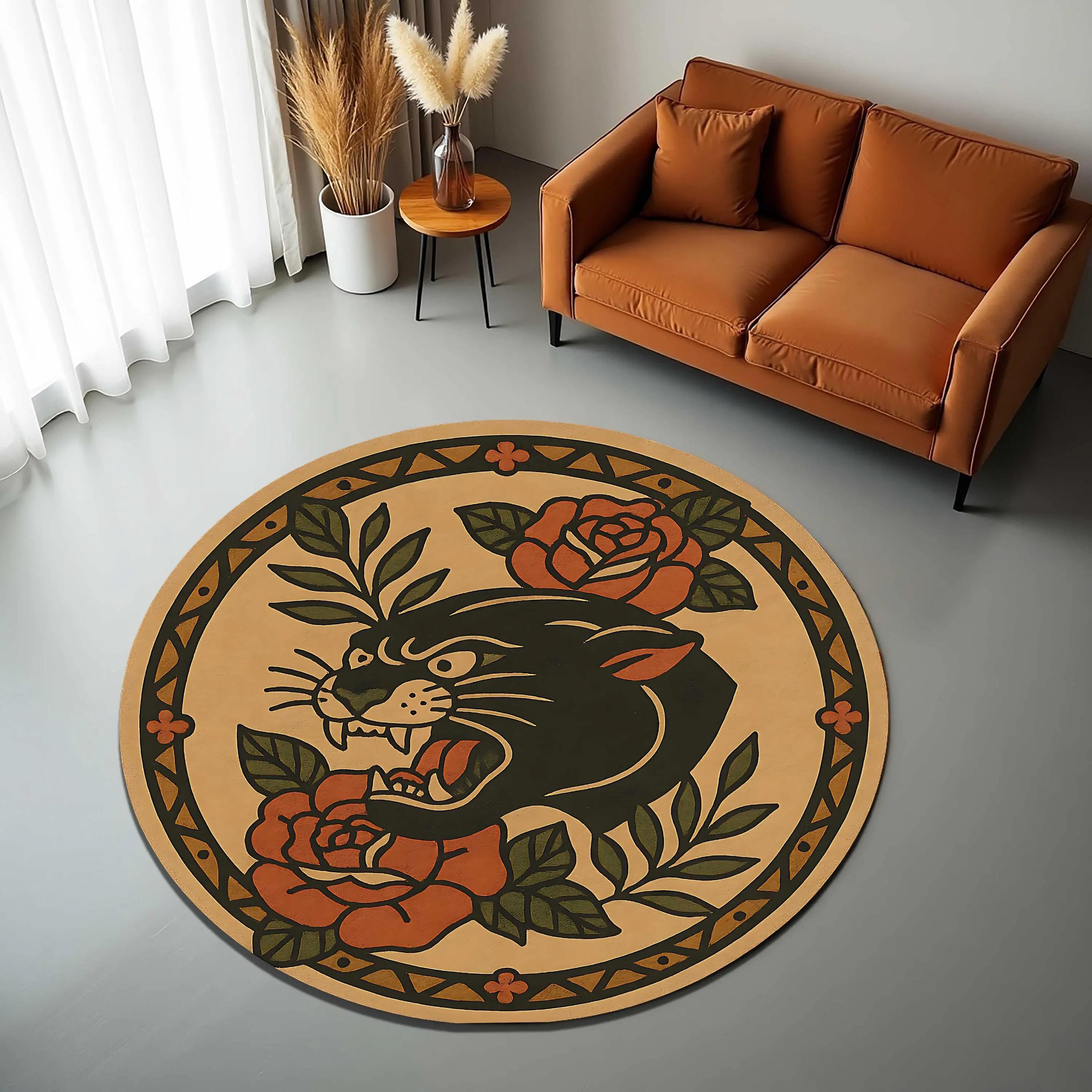 

1pc Retro Style Leopard Tattoo Pattern Round Rug, Non-slip Floor Mat for Living Room, Bedroom, Bathroom, Holiday Home Decoration 60cm