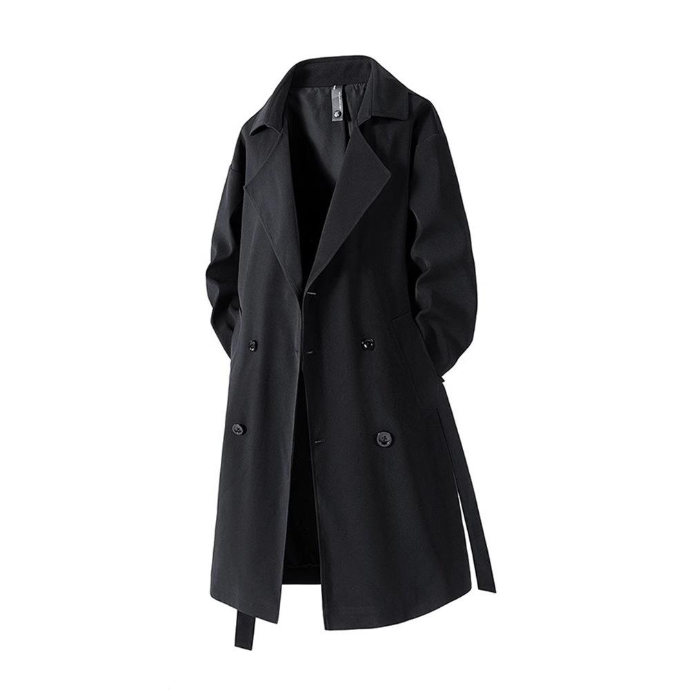 Осеннее мужское длинное пальто Американский стритвир Винтажный тренч выше колена Повседневный ретро Водонепроницаемый ветрозащитный плащ M чёрный