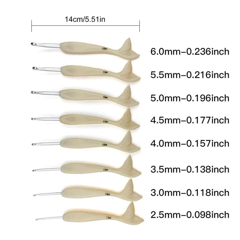 8Pcs Ergonomic Handle Crochet Hook 2.5mm-6.0mm Aluminum Crochet Hook With Resin Fish Tail Handle for Beginner Hobbyist