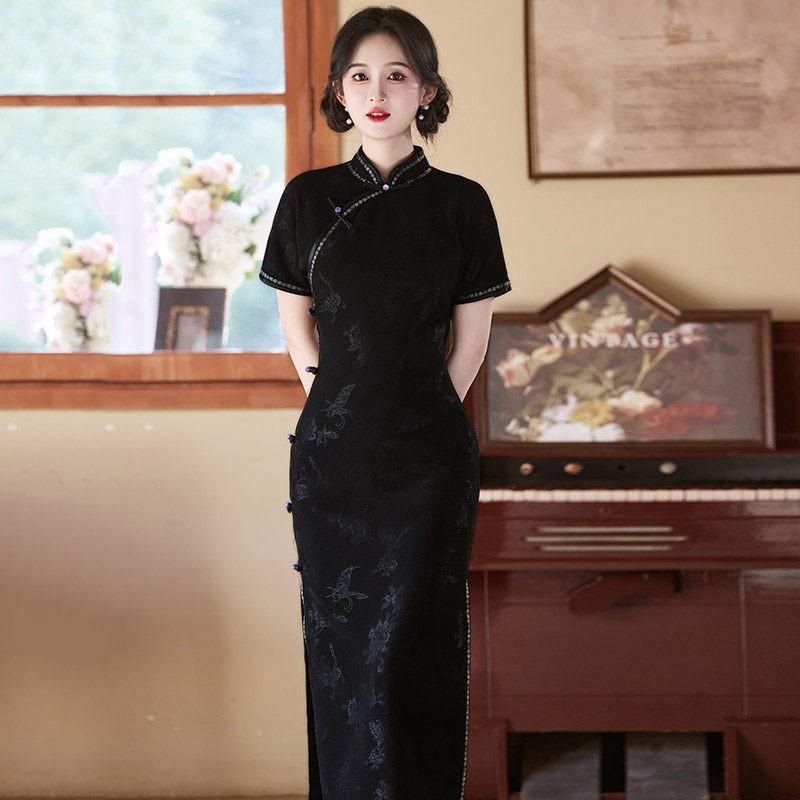 Black Modern Chinese-Inspired Long Cheongsam Dress Women 2026 Stylish Retro Qipao With Stand Collar Small