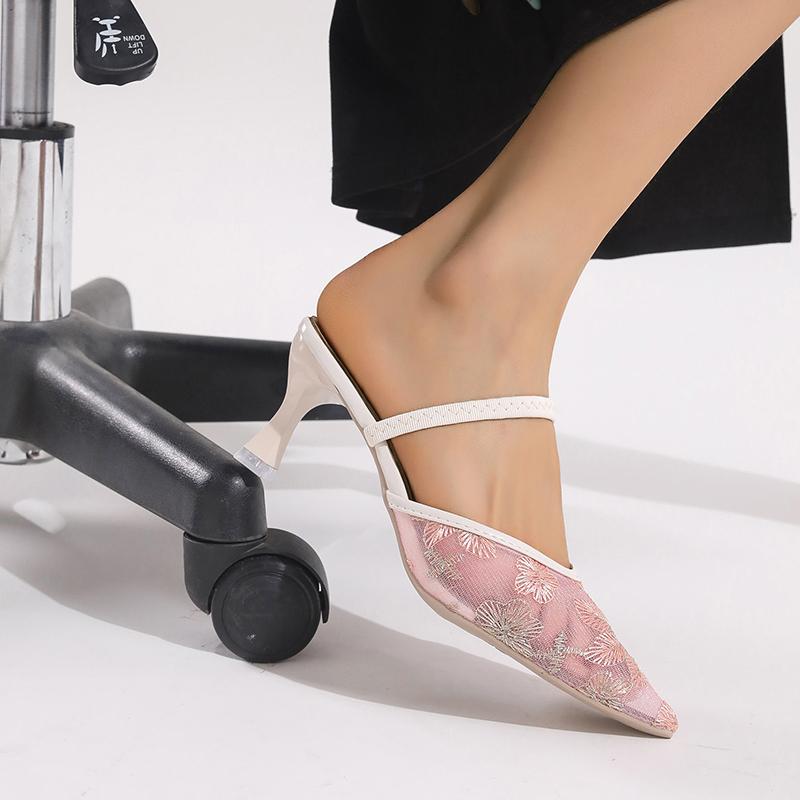 Fashion Baotou Fine Heel Slippers Women's Summer New Pointed Toe Shallow Mouth Embroidered Mesh Yarn Non-slip Wear-resistant High Heels