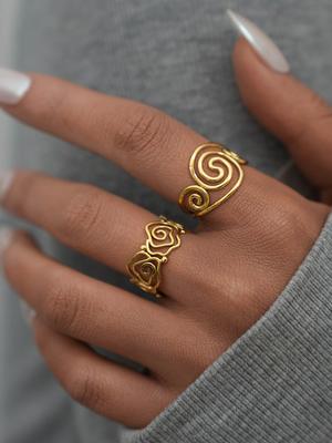 Stainless Steel Spiral Adjustable Open Rings for Women 18K Gold Plated Waterproof High Quality Ladies Jewelry For Vacation Etc