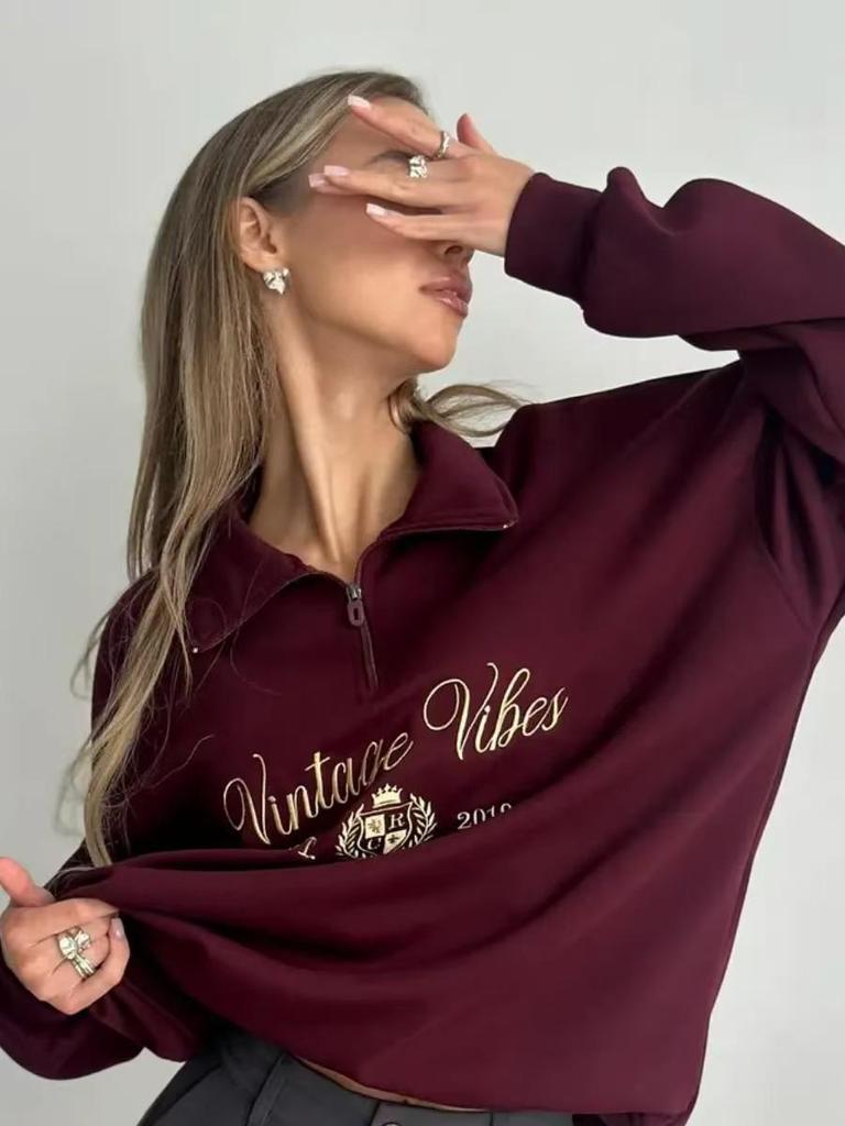 Autumn/Winter Trendy Versatile Half-Zip Hoodie with Letter Print - Stylish and Cozy.