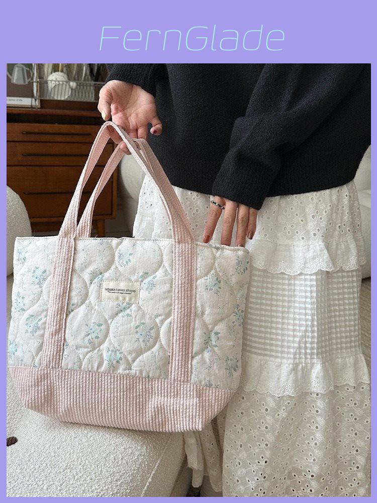 Stylish Korean Canvas Tote Bag With Floral Patchwork Design For Casual Use And Shopping