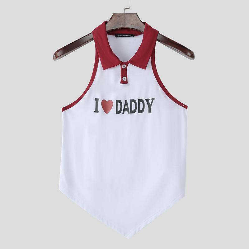 

INCERUN Summer Men Lapel Sleeveless Letter Print Irregular Casual Fitted Tank Tops 3XL белый