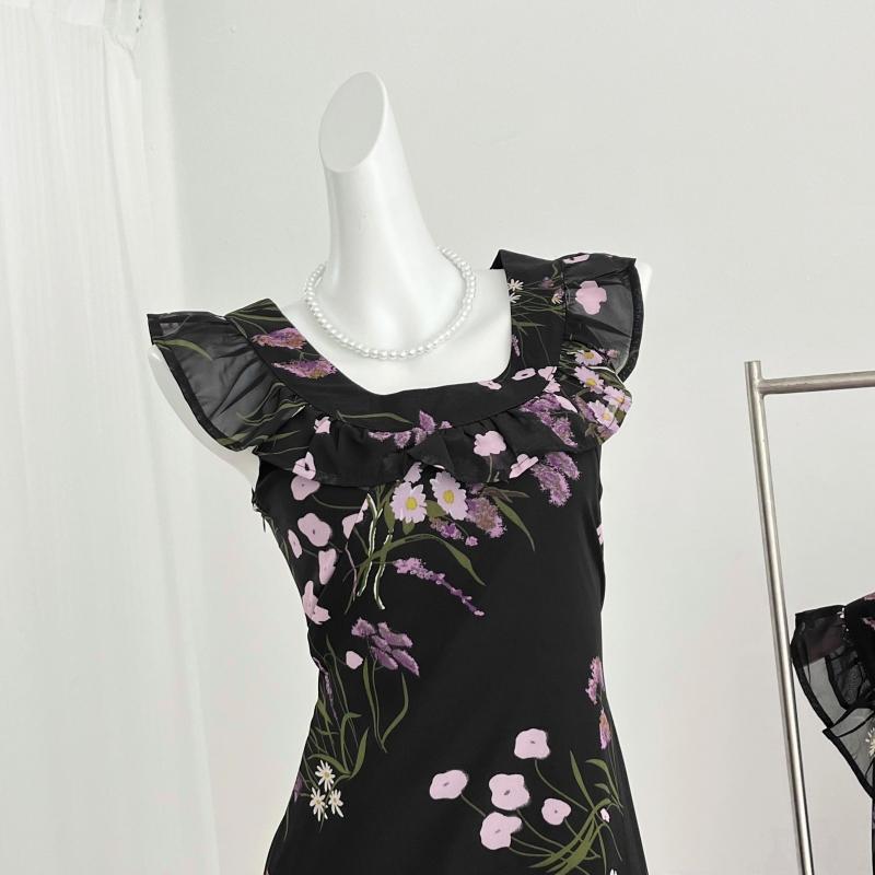 Francouzské Sexy Květinové Šaty na Ramínka Bez Rukávů Elegantní Stahující Pas Léto 2025 Přiléhavé Šaty Vintage Móda Černé Šaty