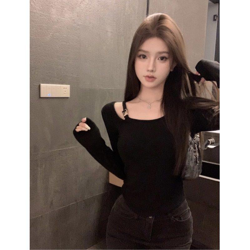 2025 Women's Slimming Solid Color Long Sleeve Cropped Top - Korean Simple Design for Autumn