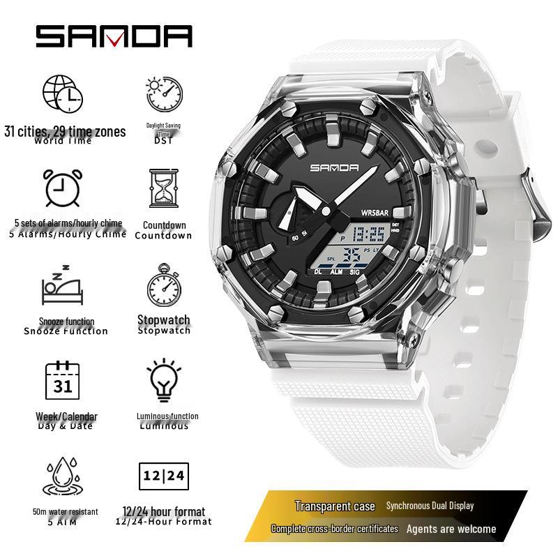 Sanda Octagonal Transparent Multifunctional Waterproof Unisex Wristwatch