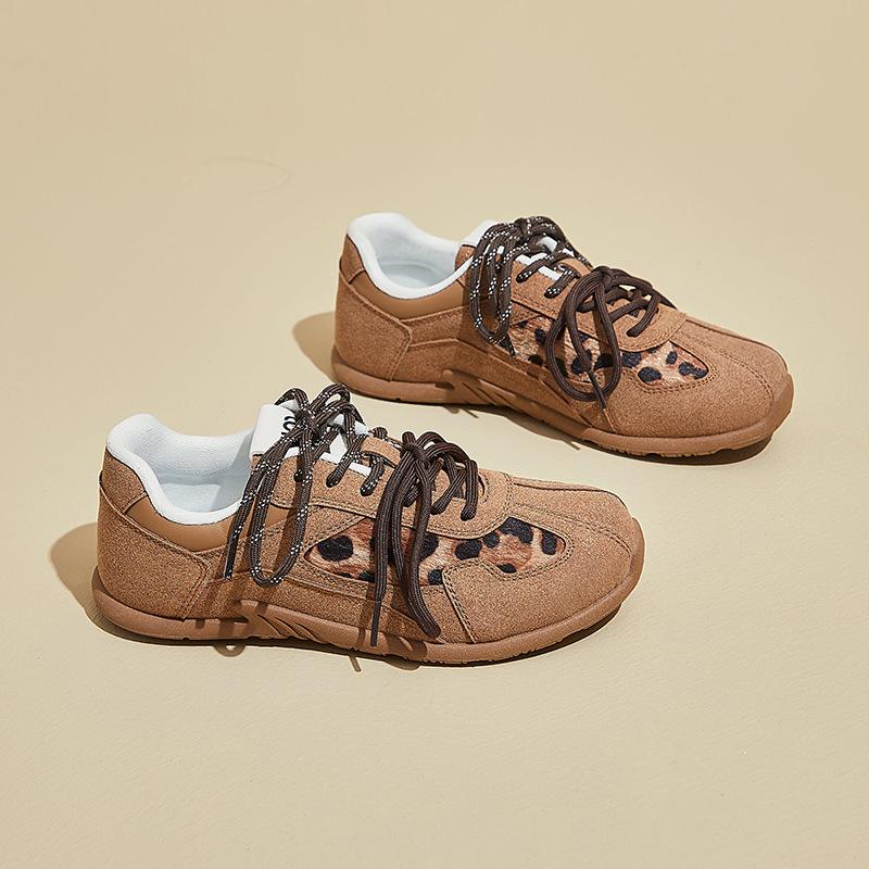 Women Round Toe Leopard Print Flat Lace-up German Training Lace Up Casual Sport Shoes Outdoor Running Vulcanized Shoe