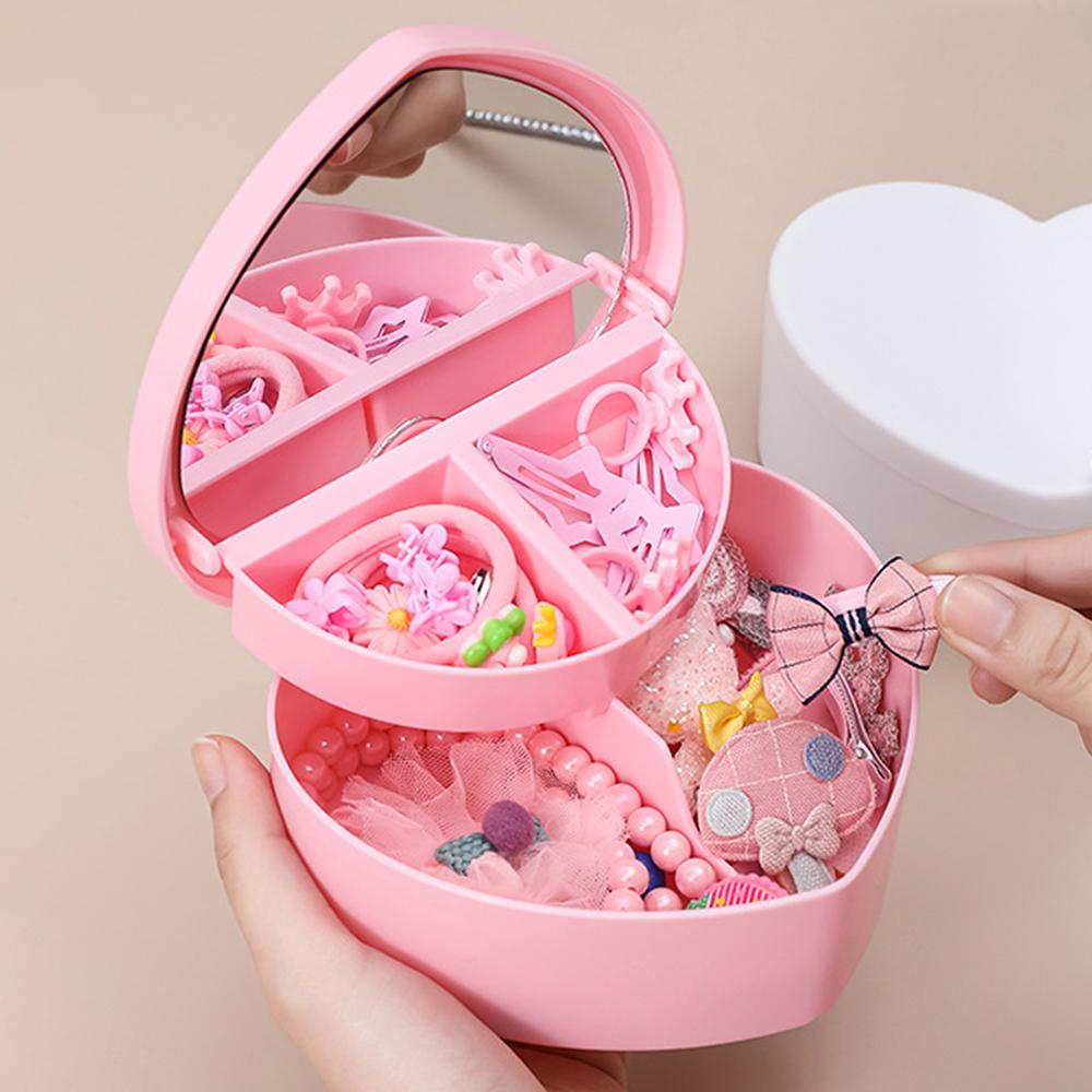 Pink Heart Shaped Double Layer Makeup Jewelry Storage Box Desktop Organizer with Mirror for Students Dormitory Accessories