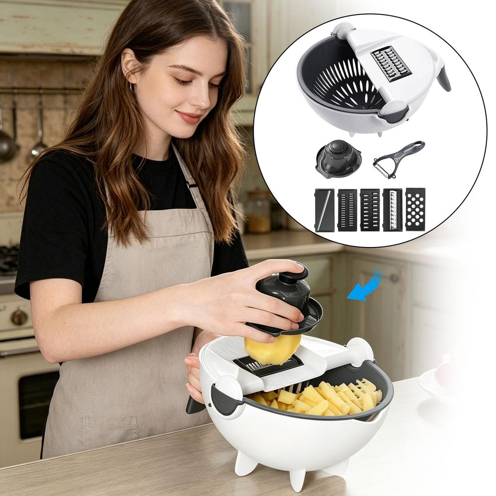 Multi Functional Vegetable Cutter with Removable Strainer Bowl and Interchangeable Blades for Slicing Dicing Grating and Peeling Kitchen Tool