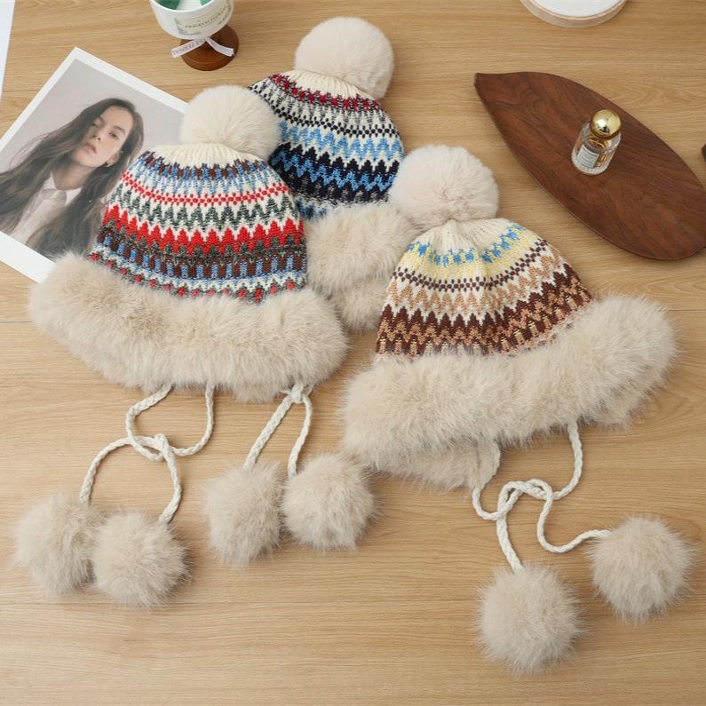 Ethnic Style Furry Warm Hat Women's Winter Plush Thickened Hairball Cold Hat Outdoor Ski Hat