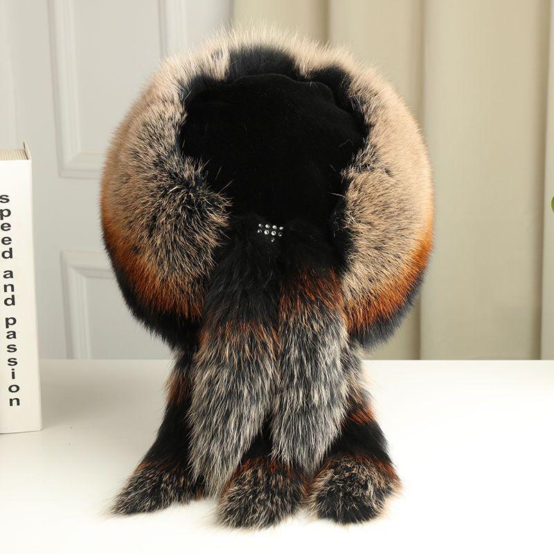 

Шапка з лисячого хутра Жіноча Зимова Норкове хутро Національний стиль Монгольська шапка Навушники з натуральної шкіри Лижна шапка S（54-56cm）