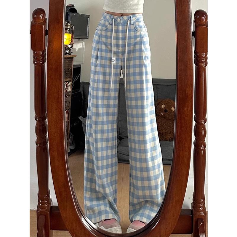 2024 Trendy Blue Plaid High-Waisted Wide-Leg Casual Pants for Women