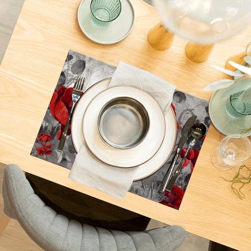 4pcs Red Poppy Floral Linen Placemats 12x18 Inch - Elegant Table Decor for Dining, Kitchen, and Parties, Machine Washable, Durable Design with