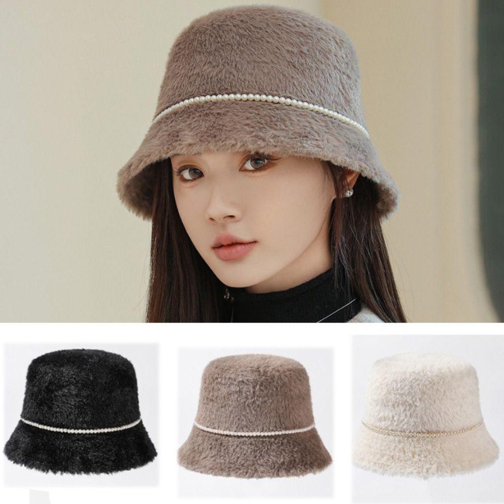 

Flat Top Plush Buket Hat Solid Color Basin Hat Casual Beanie Cap Women