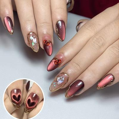 Three-dimensional Spar Dark Red Love Cat's Eye Gilt Pearl Temperament European and American Ins Style Removable Manicure 24 Pieces