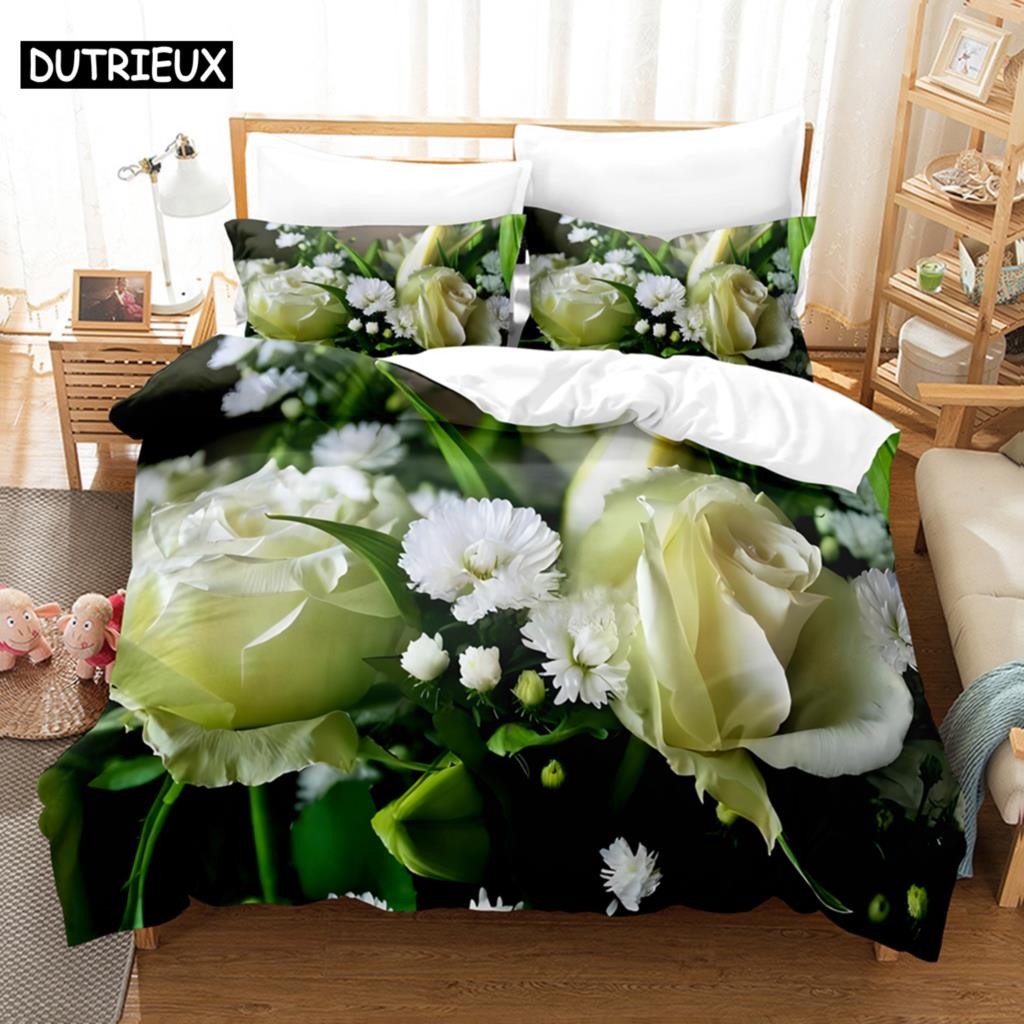 Green Rose Duvet Cover Flower Comforter Quilt Covers Queen Size Pillowcase Bedding Set 3PCS 2PCS for Single Double Bed Full Twin