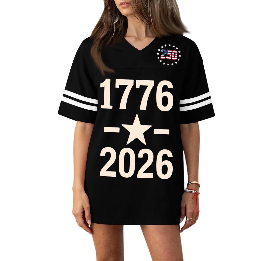 Women V Neck Casual Loose Fit Sports Jersey Top with 250th Anniversary Print Short Sleeve Independence Day Shirt