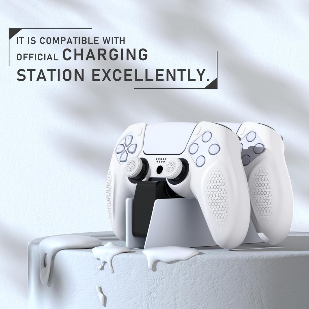 PlayVital Ninja Edition Silicone Cover Skin for PS5 Soft Protective Cover for Fits Charging Station with Protective Cover On Controller, PS5, [White]