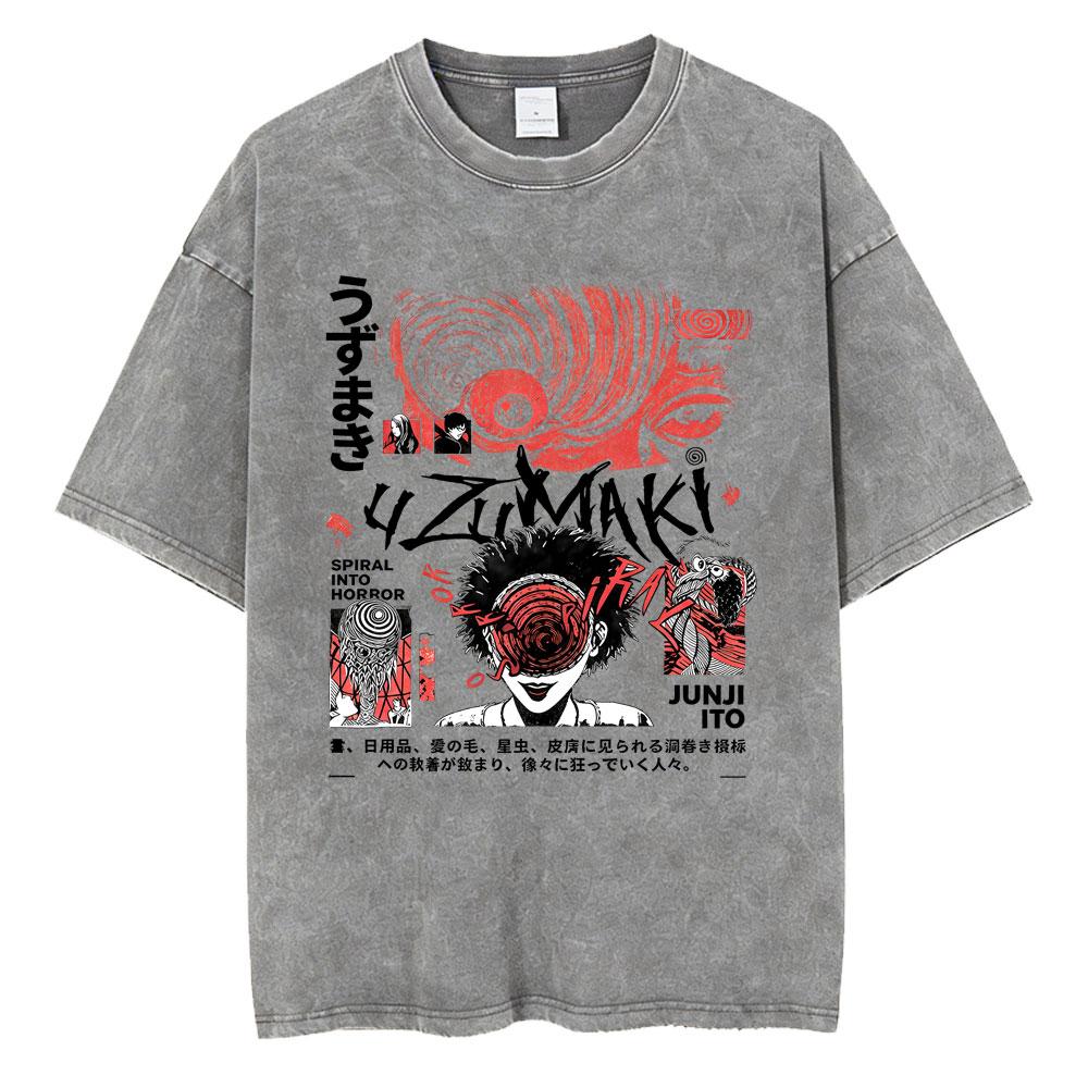 Unisex Washed Vintage Horror Anime Junji Ito Uzumaki Graphic T-shirt Men Women Manga Retro Oversized T Shirt Y2k Casual Cotton T-shirts