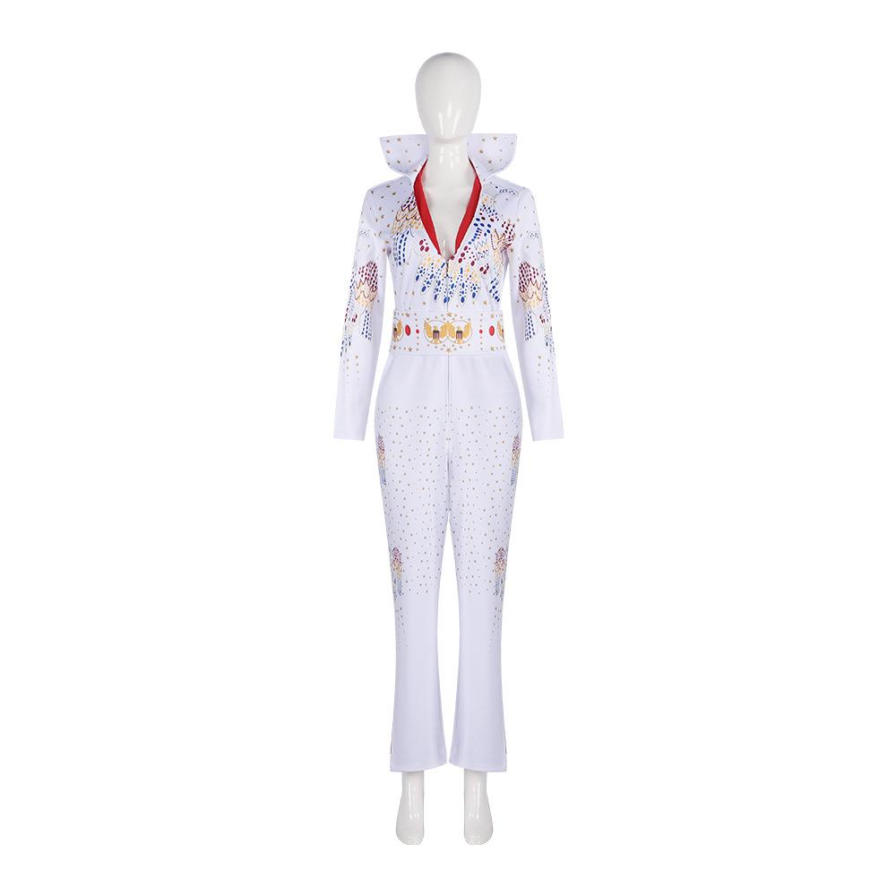Movie Presley Cosplay Costume Diamond Rock Singer Cosplay Adult Children White Printed Jumpsuit Suits Halloween Costume 110&Other