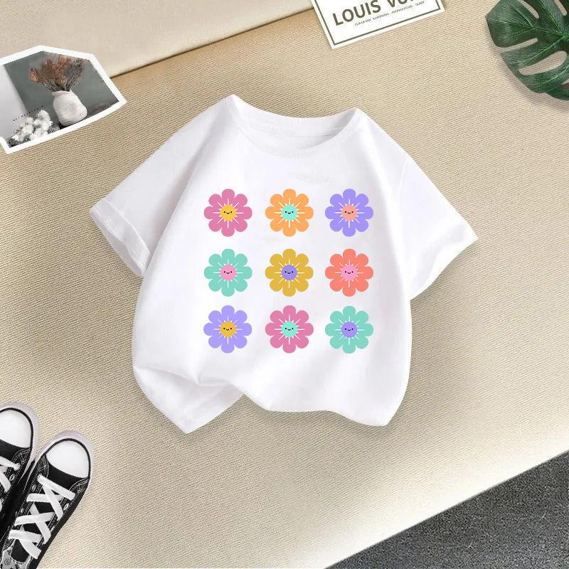 Children T-shirt FlowerPrinted Kids 100% Cotton Clothes Tops 2-13Y O-Neck Short-sleeve T-shirt