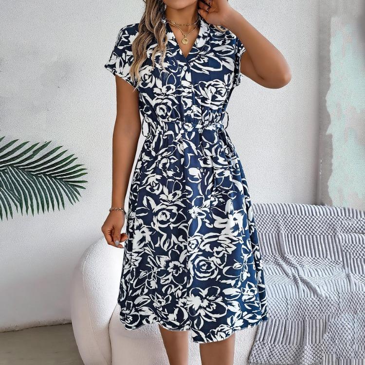 Women Summer V Neck Knee Length Pleated Print Belt Fashion Dress