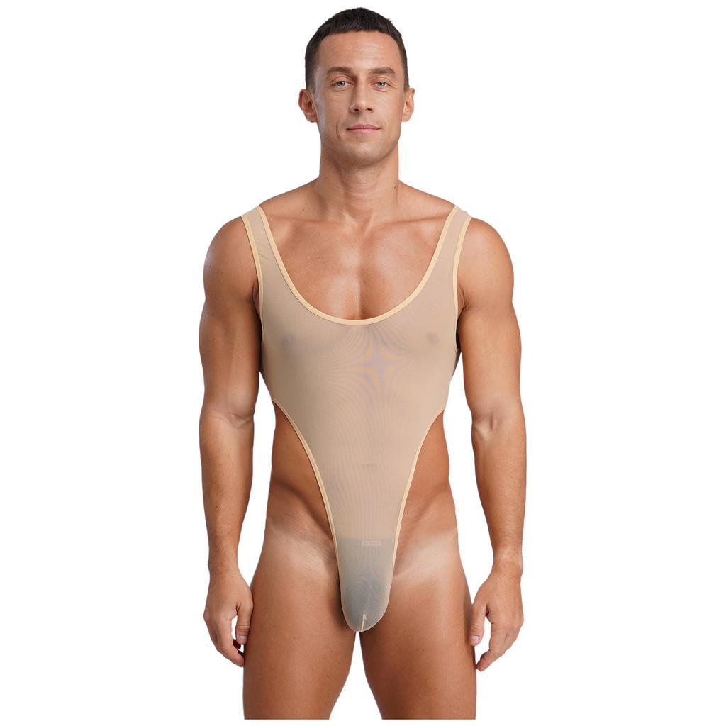 Herren Durchsichtiges Netz Ärmellos Offener Rücken Beutel Hoher Beinausschnitt Einteiler Bodysuit Jumpsuit