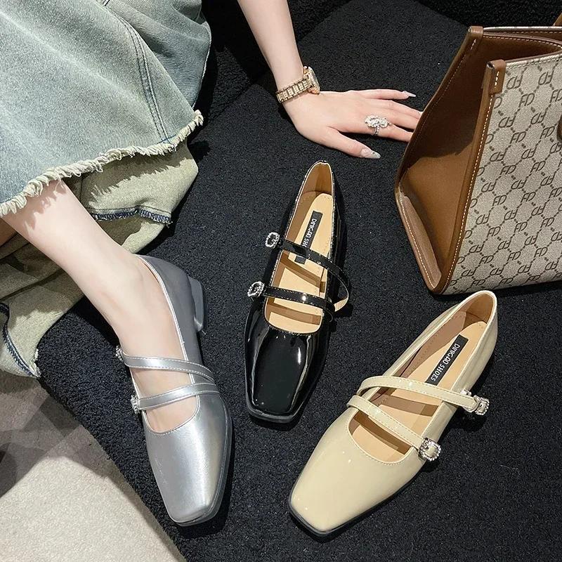 Spring Autumn Silver French Square Toe Women's Shoes Elegant Double Buckle Strap Mary Jane Shallow Shoe Retro Pumps