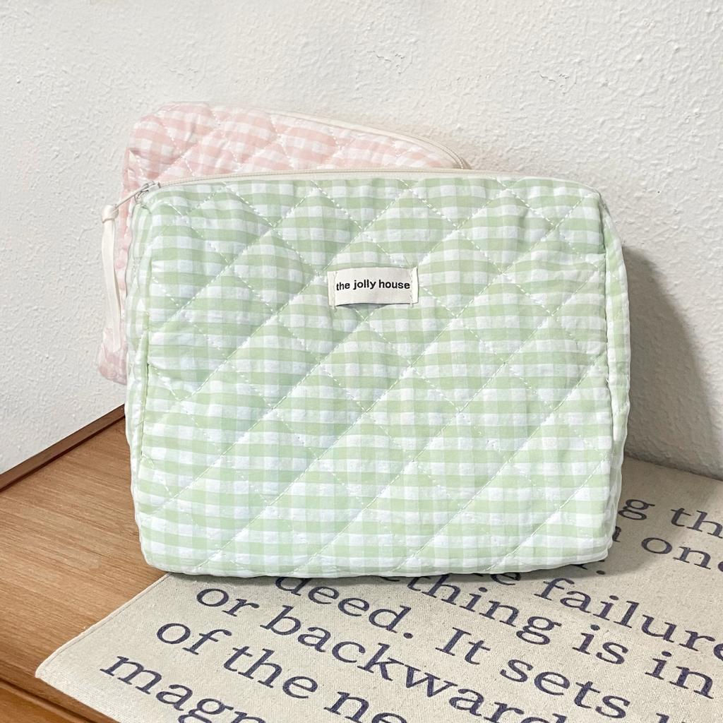 YT Soft and Portable Quilted Handheld Toiletry Bag, Small Handbag, Miscellaneous Storage Bag, Bubu Pink and Green Plaid Makeup B