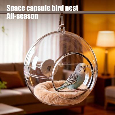 Pet House Transparent Food-Grade PC Parrot Cage with Anti-Bite 360 Degree Panoramic View Detachable Plush Pads Bird