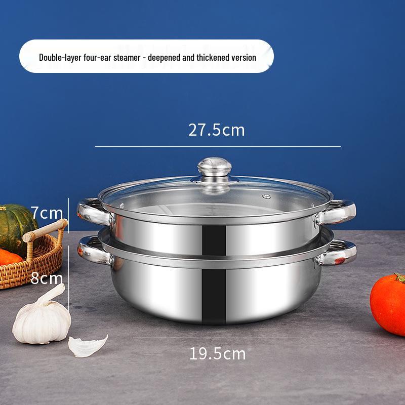 Stainless Steel Double-Layer 28cm Steamer Pot with Handles - Large Capacity for Soups & Hot Pots