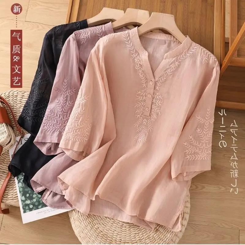 

Blouse for Women Summer Loose Tops Casual Wear Chinese-style New Embroidered Half-sleeve L рожевий