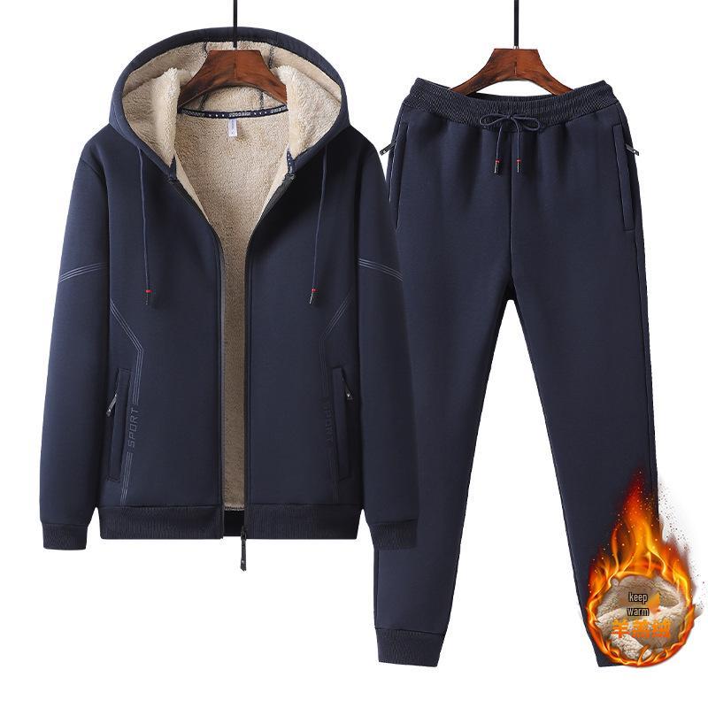 Lambswool Sports Suit: Plus Size Men's Fleece-Lined Hoodie & Cardigan Two-Piece Set for Autumn/Winter.