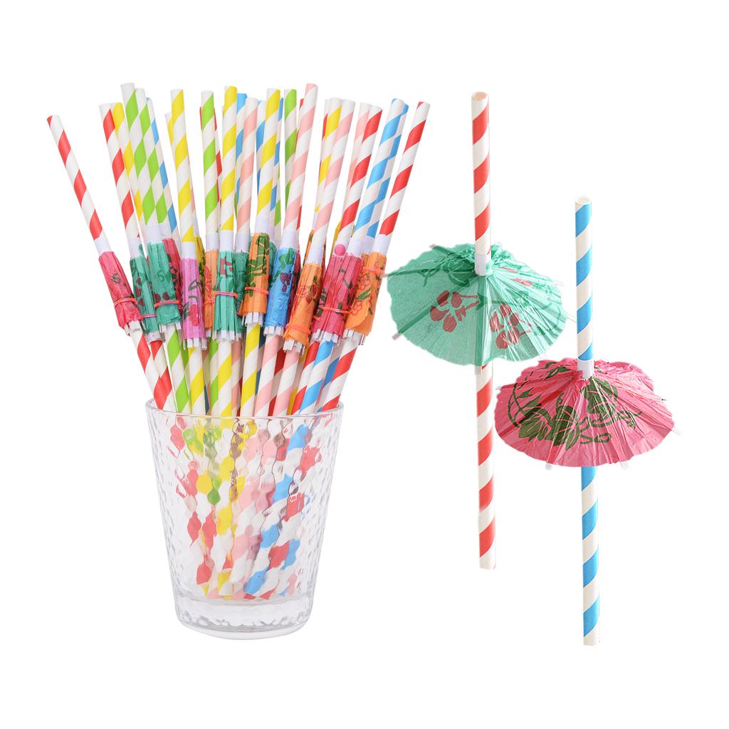 50PCS Umbrella Parasol Drinking Straws Disposable Degradable Tropical Drinking Straws Coloful