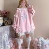 LAVASEON Cute Rabbit Print Long Lace Collar with Loose Korean Student Mori Girl Plus Sizes Hoodie, Length, Women's, Ribbon, School-Style, Fit,