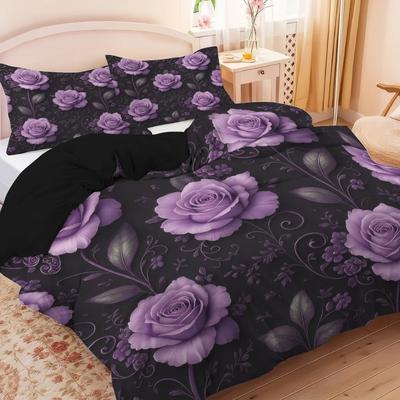 Set Copripiumino con Fantasia Cuori e Rose Viola 3 Pezzi 1 Copripiumino+2 Federe Senza Imbottitura. Set da letto morbido e confortevole