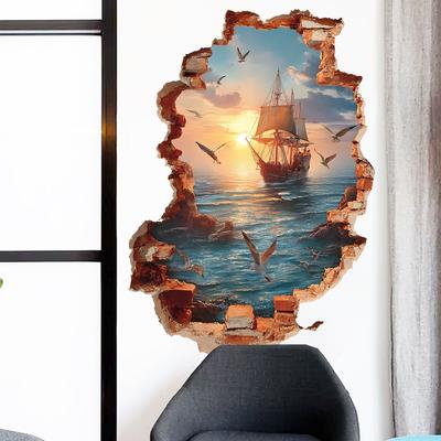 3D Breaking Through Wall Sailboat Seascape Wall Sticker Self-Adhesive Removable Living Room Bedroom Hallway Background Wall Home Decor Art