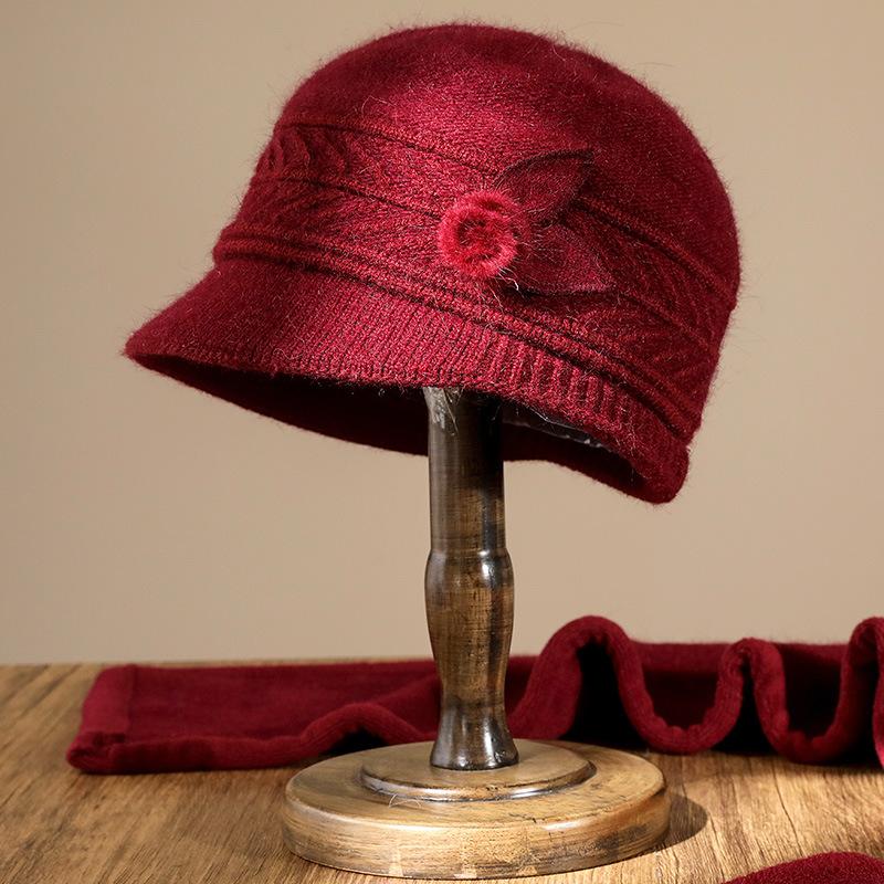Middle-aged rabbit fur knitted hat Winter mother-in-law versatile wool hat Fleece thickened old lady thermal hat