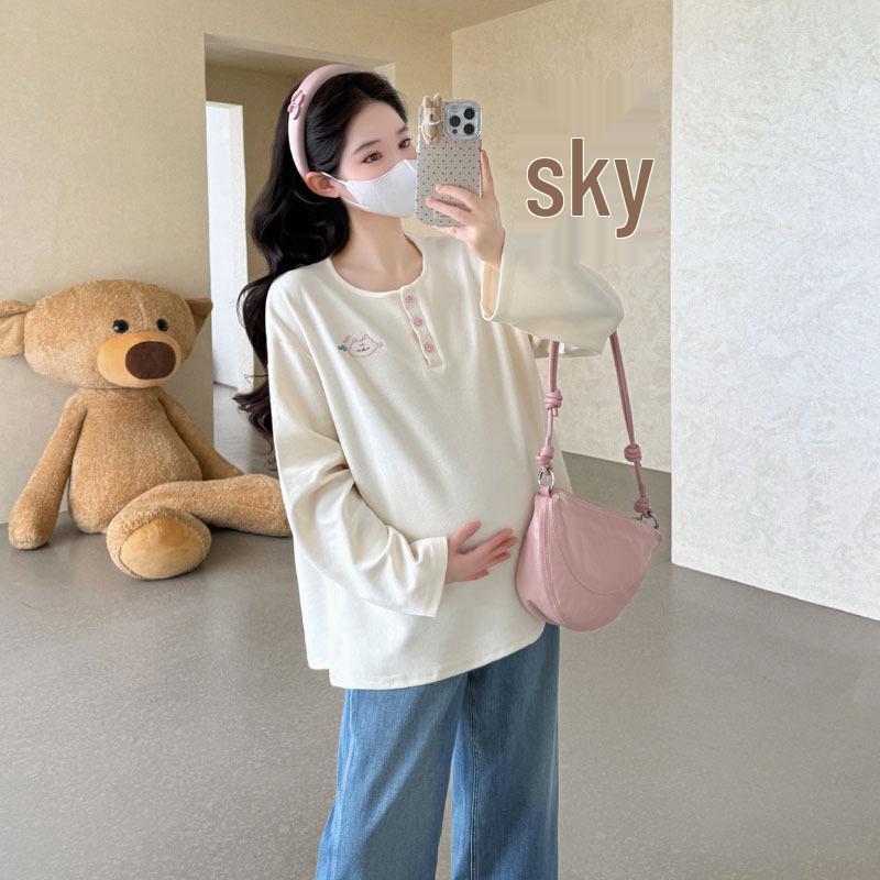 

Autumn 2026 Cute Cat Embroidery Heart Pink Loose Fit Korean Style Maternity T-shirt XL
