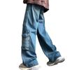 Unisex American Retro Wide-Leg Washed Jeans: Multi-Pocket Casual Overalls for Autumn and Winter.