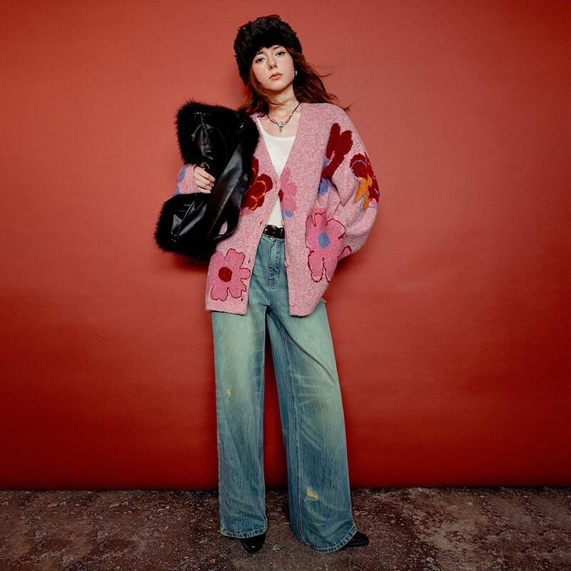 Chuyu Women's V-Neck Jacquard Floral Knit Cardigan