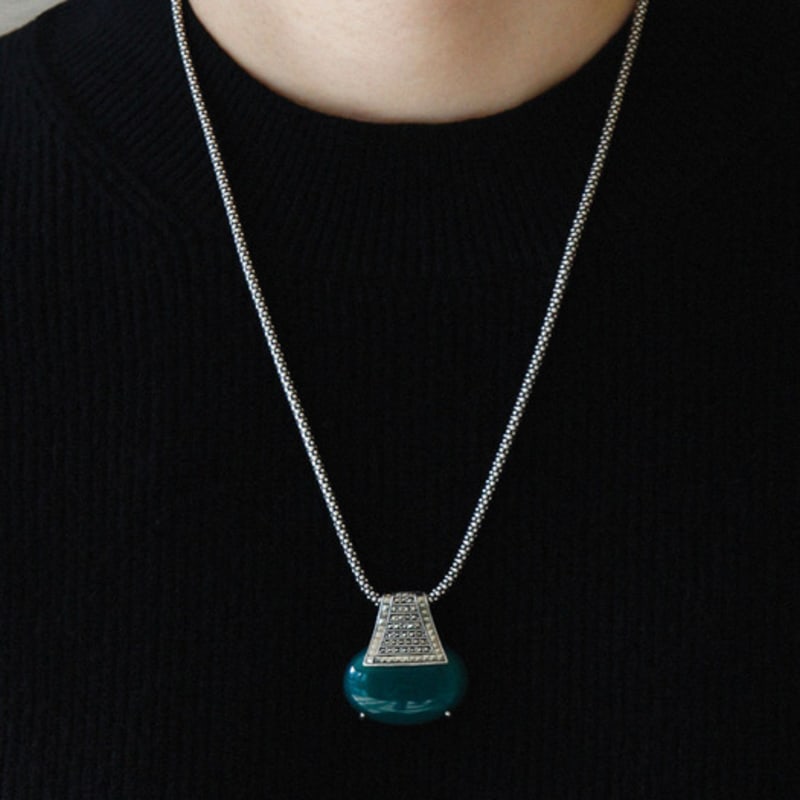 J.Lauren Green Onyx Marcasite Long Silver Necklace Bn0590