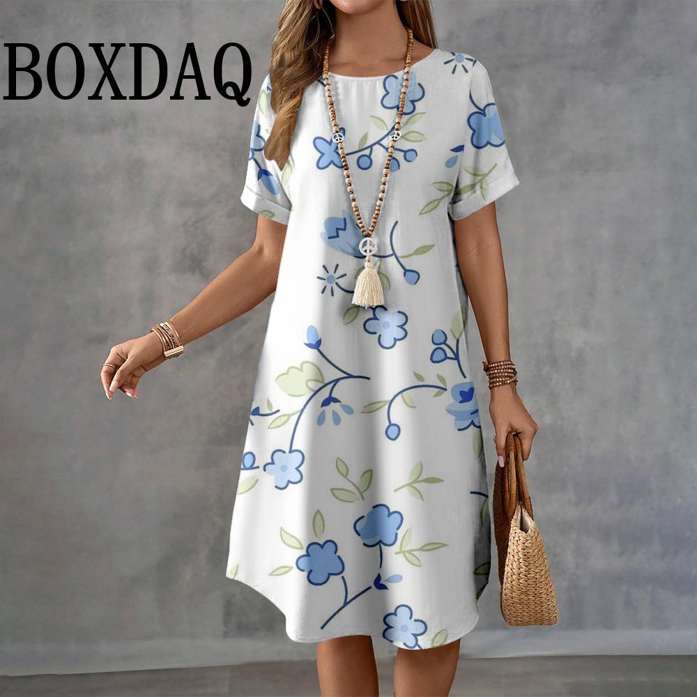 

Летняя мода цветы принтованные женские ретро O-образный вырез свободные элегантные короткие рукава платья повседневные праздничные 8XL