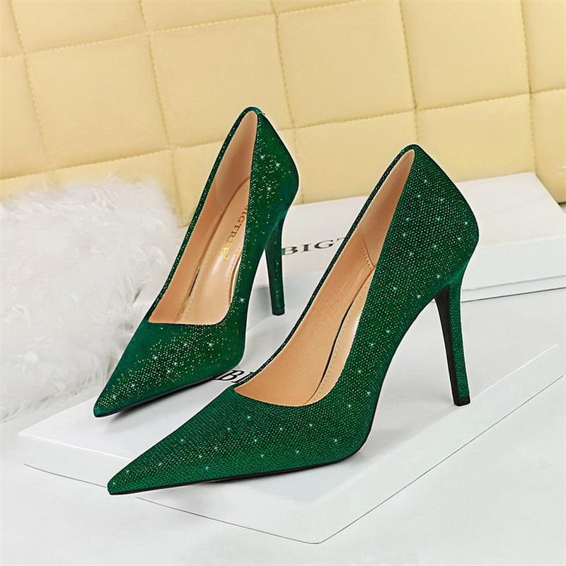 Versatile Style Fashion Women Bling Party Pumps Thin Super High Heel Shallow Mouth Pointed Toe Corduroy Wedding Single Shoes